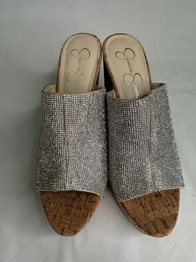 Jessica Simpson Silver Rhinestone Cork Mule Slides